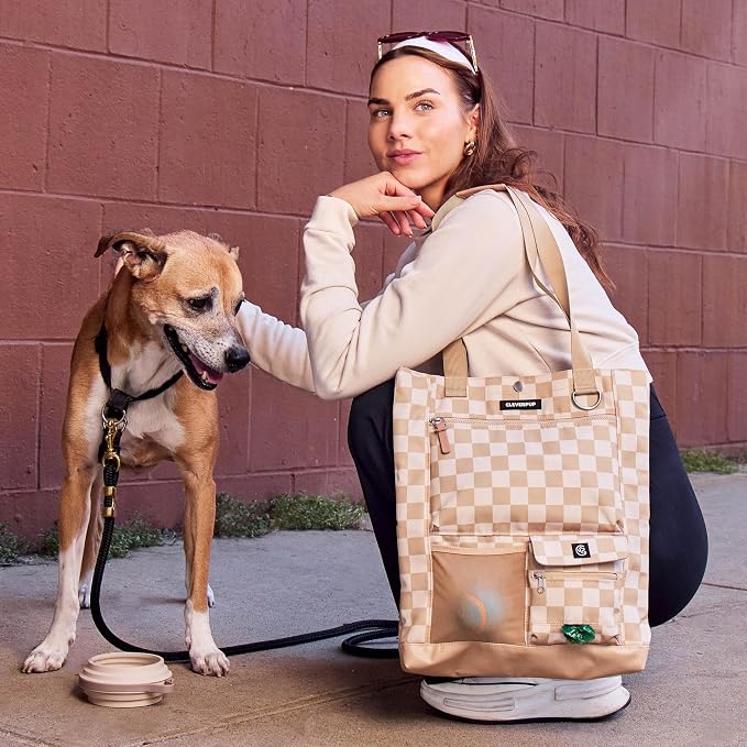 Cleverpup Park Pack 2-Piece Set Dog Gear Tote – Dog Travel Bag with 8 Pockets, Treat Pouch, Poop Bag Dispenser, Quick-Dry Ball Pocket, Collapsible Bowl, Perfect for Walks & Park Trips, Checkerboard - Image 4