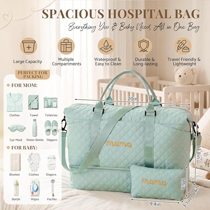 Dansydaisy Mama Hospital Bag for Women Labor Delivery Travel Duffle Bag with Shoe Compartment and Toiletry Pouch Waterproof Letter Embroidered for Pregnancy Weekender Overnight Gym Gift, Green - Image 3