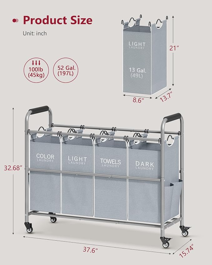 Tajsoon 4 Bag Laundry Sorter Cart, 4 Section Laundry Hamper Sorter with Heavy Duty Lockable Rolling Wheels, Laundry Separator Hamper with Removable Bags for Dirty Clothes Storage, Grey & White - Image 7