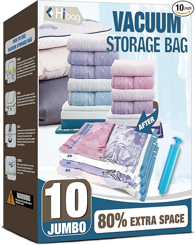 10 Jumbo Vacuum Storage Bags for Bedding, Vacuum Seal Bags for Clothing | Extra Large XL, Airtight Triple Seal, Save 80% Space, Hand Pump, Work with Vacuum, Double Zip, Reusable, Easy to Use by HIBAG