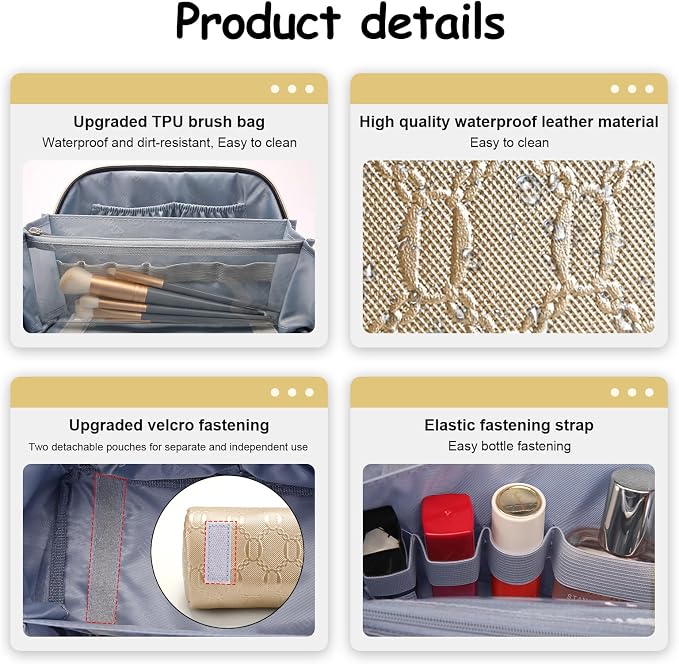 BOYATU Travel Makeup Bag for Women: Cosmetic Organizer Bag with Compartments - Leather Make up Bags Set of 3 (G-5-Gold Yellow) - Image 4