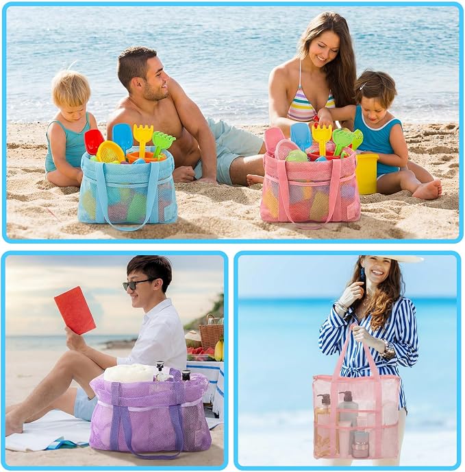 Kinlop 8 Pcs Mesh Beach Bag, Large Beach Tote Bags with Zipper, Waterproof Sandproof with 8 Pockets for Family Travel Vacation Essentials Toys Bag Pastel Colors - Image 6