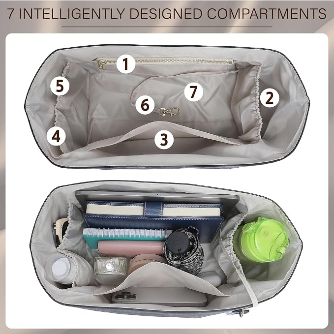 DOXO Purse Organizer Insert for Longchamp Le Pliage Medium, 6-Compartment Bag Organizer with YKK Zipper Pocket, Cup Holder, Key Chain, Waterproof DupontPaper Lightweight Handbag Shaper (Black Beige,M) - Image 4
