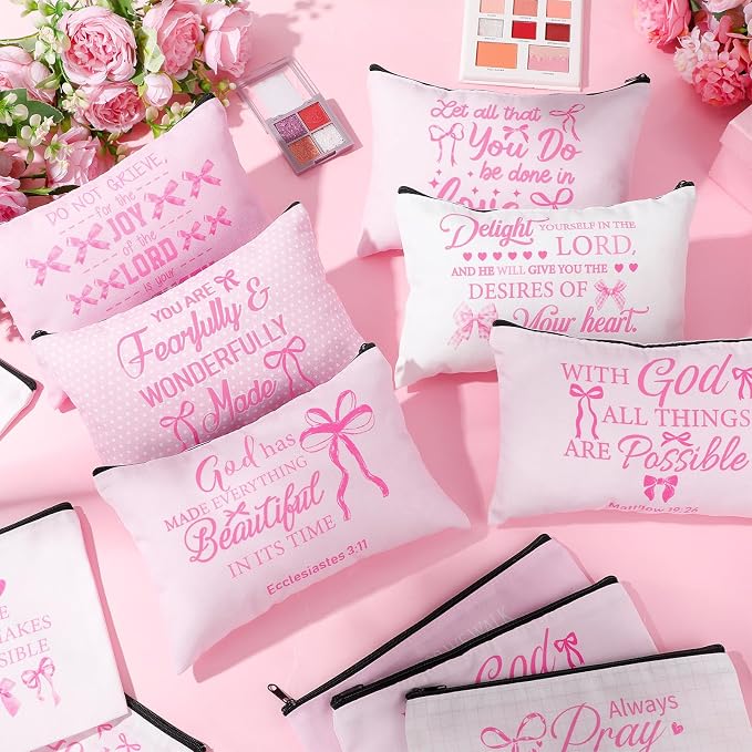 Hillban 36 Pcs Christian Gifts for Women Christian Pink Bow Makeup Bags Bible Verse Cosmetic Bag Inspirational Pencil Case with Zipper Coquette Bowknot Travel Organizer Pouch for Wedding Bachelorette - Image 6