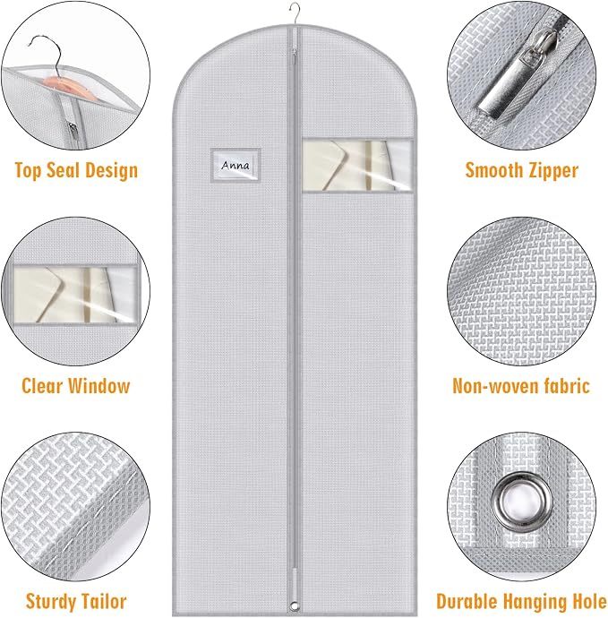 Syeeiex 60'' Dress Bags for Gowns, Set of 4 Garment Bag for Hanging Clothes, Dress Garment Bag, Dustproof and Keep Closet Tidy, Perfect for Suit Evening Dresses Fur Coat Long Dress Gown(Grey Pattern) - Image 3
