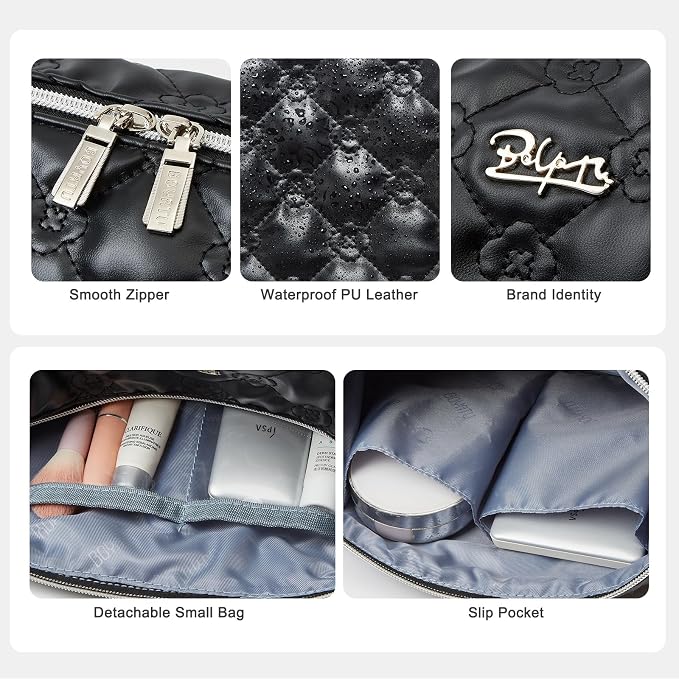 BOYATU Travel Makeup Bag Cosmetic Pouch: 2 Pcs Set Waterproof Vegan Leather Cosmetic Bags for Women - Cute Quilted Skincare Make up Toiletry Bag for Girl (02-Black) - Image 5