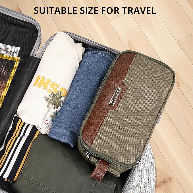 WITZMAN Canvas Toiletry Bag for Men Travel Toiletries Large 7L Dopp Kit | Multi-pockets with Dry-wet Pocket, Side Handle for Hanging, Lightweight, For Daily Use, Bathroom, Make up, A8002 Army Green - Image 8