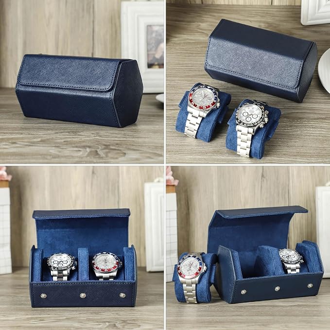 Hiram Genuine Leather Saffiano Watch Roll Travel Case, Leather 2-Watches Roll Case for Treasured Watches and Bracelets(Blue) - Image 6