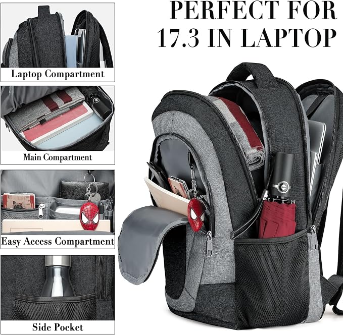 BIKROD Backpack for Men and Women, Extra Large School Backpacks for Teens, Water Resistant Back Pack Fits 17 Inch Laptop, Business Anti Theft Sturdy Computer Bag Gifts, Blackgrey - Image 2