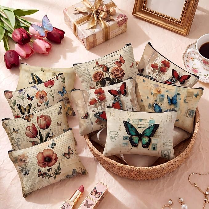 Sweetude 12 Pcs Vintage Butterfly Makeup Bag Bulk Retro Butterfly Flower Travel Cosmetic Bag with Zipper Waterproof Roomy Travel Toiletry Organizer Storage Pouch for Women Butterflies Lover Gift - Image 2