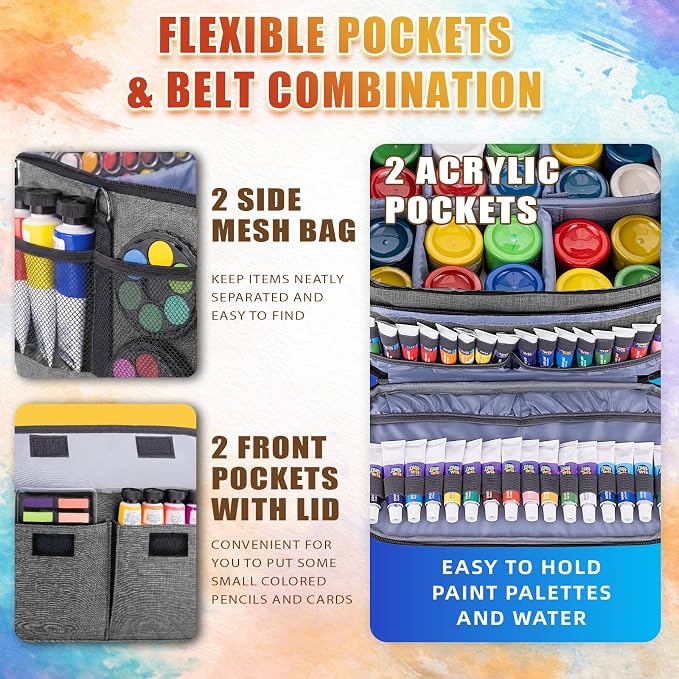 JJRING Acrylic Paint Organizer Bag With Adjustable Dividers, Grey | Versatile Art Supply Storage Case With 12-Slot Brush Holder & Clear Zipper Pocket For Multi-Size Bottles, Travel Tote - Image 3