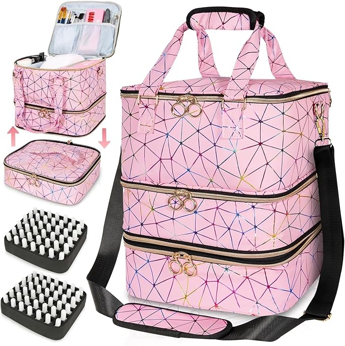 Nail Polish Organizer Bag Holds 84 Bottles & Nail Lamp, 3 Layers Nail Kit Storage Carrying Case Pu Leather, Large Nail Supplies Organizer With Shoulder Strap, Portable Travel Nail Bag,Pink by MZTXY