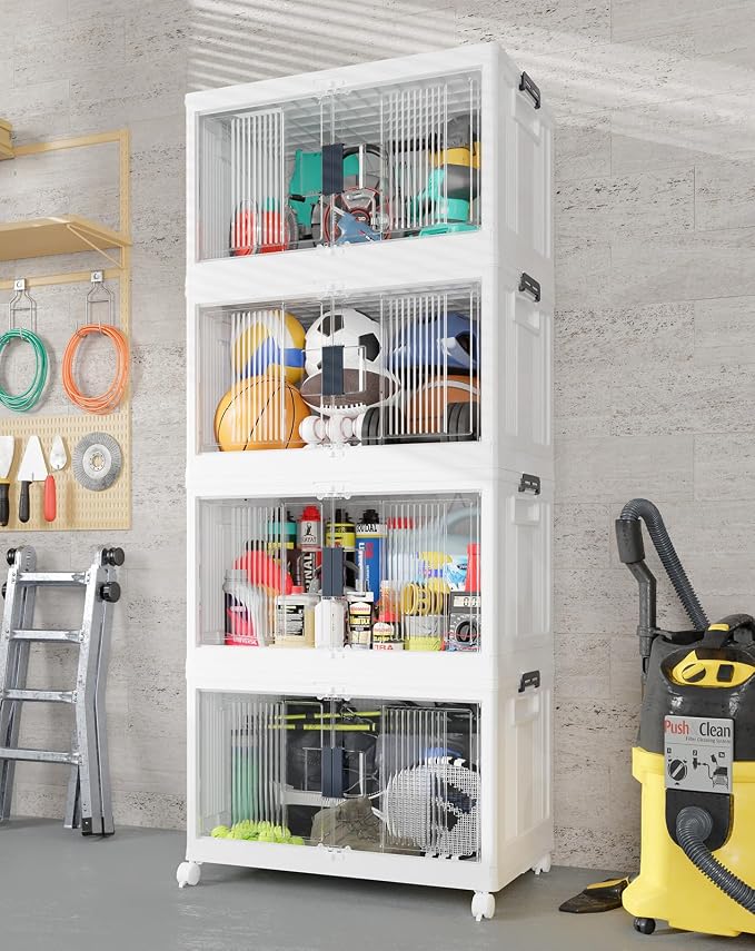 OlarHike 97QT Lockable Stackable Storage Bins with Lids - Folding Box with Doors & Wheels, Collapsible Plastic Cabinets for Closets and Organization, Garage, Office, College, School, Shelves, 4 Pack by OlarHike
