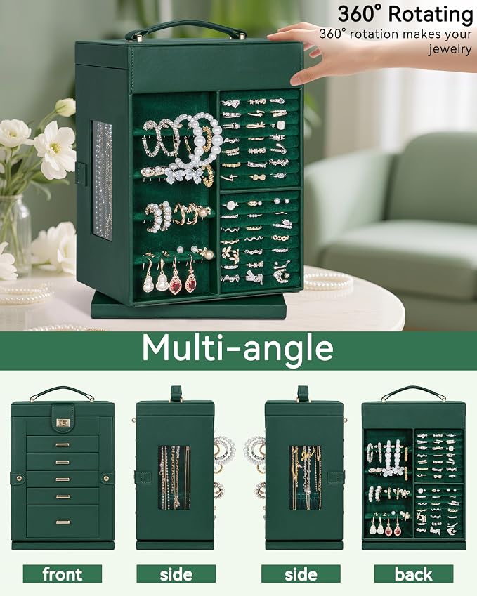 AKOZLIN 6-Tier Jewelry Box Organizer Functional 5 Drawers Leather Jewelry Storage Case for Women Girls Ring Necklace Earring Bracelet Holder Organizer with Mirror Green 360° Rotating - Image 4