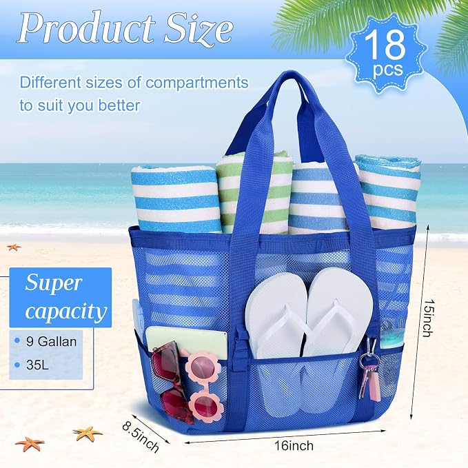 Hillban Large Beach Mesh Bags Bulk for Women Beach Tote Bag with 8 Pocket Zipper Waterproof Sandproof for Pool Cruise Ship - Image 3