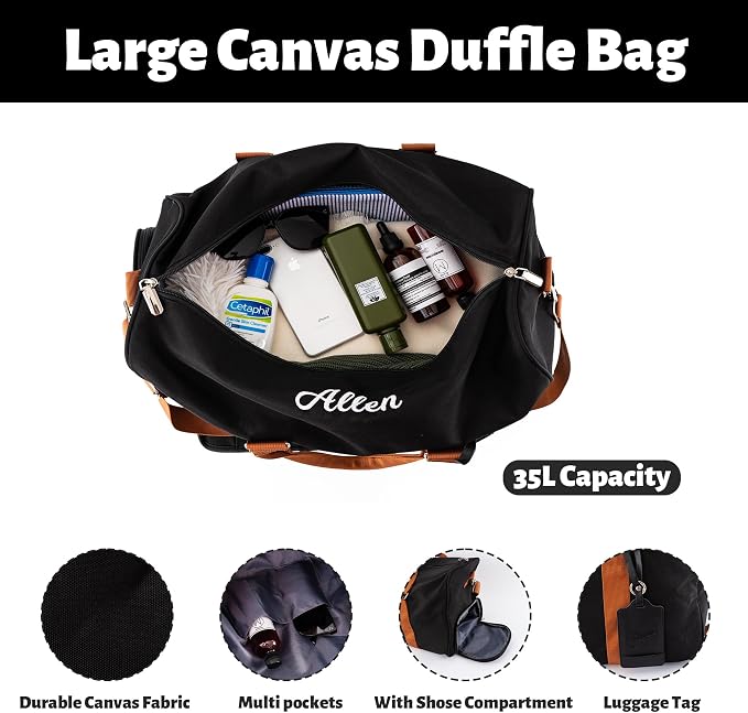 Travel Duffle Bag Set for Men Boys Personalized Weekender Overnight Bag with Embroidered Name - Custom Canvas Duffle Bag with Toiletry Bag and Shoe Compartment for Travel Trip Workout (Black) - Image 2