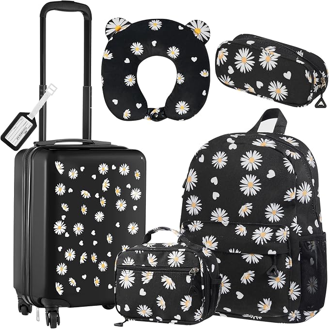 Redbaker 6 Pcs Luggage Set, 17 Inch Rolling Suitcase with Backpack, Lunch Bag and Neck Pillow, Black Daisy Travel Set for Summer Vacation, Weekend Trips and Sleepovers - Image 8