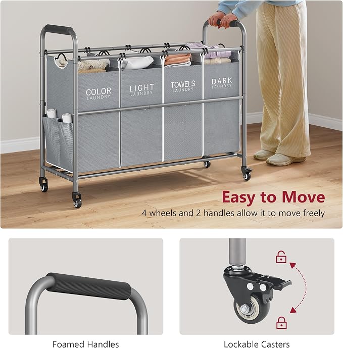 Tajsoon 4 Bag Laundry Sorter Cart, 4 Section Laundry Hamper Sorter with Heavy Duty Lockable Rolling Wheels, Laundry Separator Hamper with Removable Bags for Dirty Clothes Storage, Grey & White - Image 5