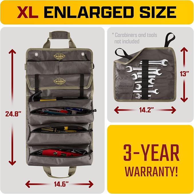 Ryker PRO Heavy Duty Motorcycle Tool Roll Up Bag w/Socket Wrench Organizer | Motorcycle Accessories Camping Trunk Organizer for Storage & Plumbing Tools. Tool Box Work Boat Bag with Waterproof Pouches - Image 3