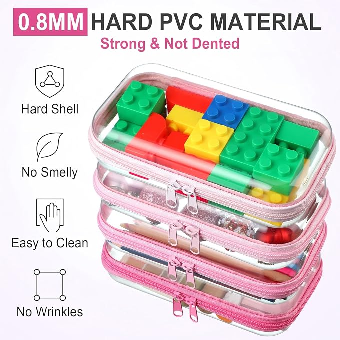 Hoolerry 4 Pcs Hard Clear Zipper Case Makeup Bags Plastic Zipper Pouch Transparent Storage Box Containers for Cosmetics, Snacks, Building Blocks, Puzzles(Clear,7.5 x 3.9 x 2 in,Pink) - Image 4