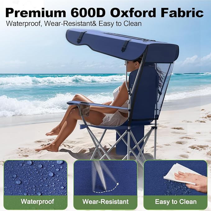 VTOY Portable Camping Chair with Canopy - Folding Chair with Canopy, Durable 600D Oxford Canopy Chair for Camping, Beach, Picnics, Fishing & Sports - Image 4