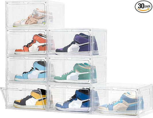 Attelite 8 Pack Shoe Boxes Clear Plastic Stackable, Upgrade Large Shoe Storage Organizer Containers with Magnetic Door for Display Sneaker, Easy Assembly by Attelite