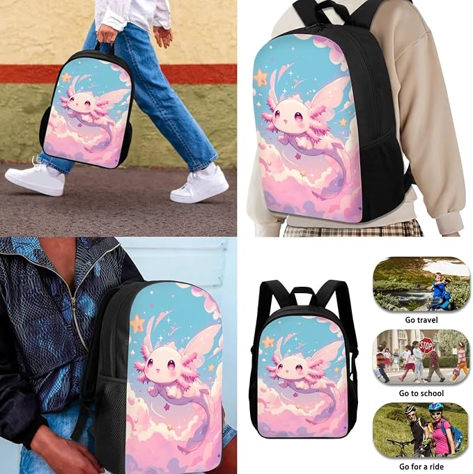 Cute Axolotl Backpack for School Girls 1st Grade with Lunchbox 4 in 1 Kids Bookbag and Lunch Box Set 17in Elementary Schoolbag Lunch Bag Pencil Case Primary Back Pack Water Bottle Carrier - Image 3