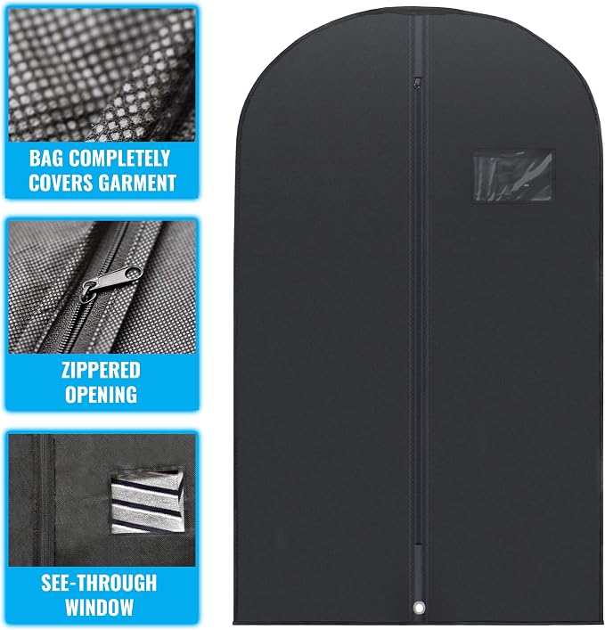 Plixio Garment Bags Suit Bag for Travel and Clothing Storage of Dresses, Dress Shirts, Coats— Includes Zipper and Transparent Window (Black - 100 pack: 40") - Image 2
