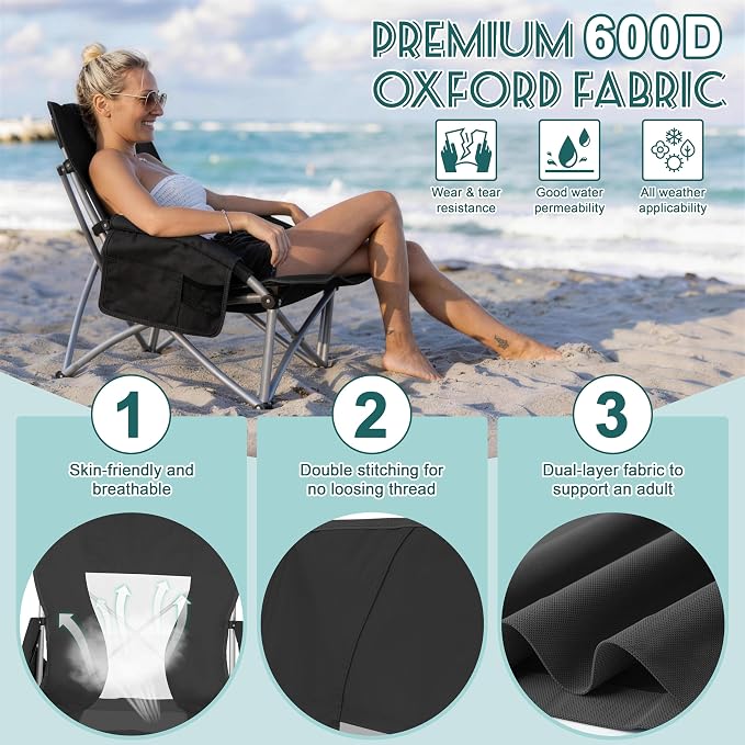 HaSteeL Low Beach Chairs for Adults, Lightweight Camping Folding Chair with Carrying Bag, Portable for Outdoors Lawn Backyard Patio RV Trip Fishing Sport Tailgating, Support 300LBS, Black, 2 Pack - Image 5