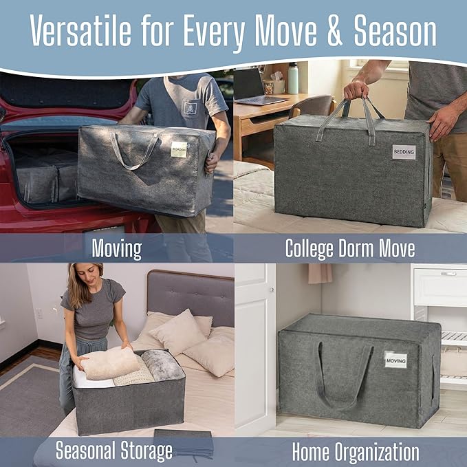 VENO 4 Pack Extra Large Heavy Duty Moving Bags with Wide Opening & Reinforced Handles, Reusable Storage Tote Bags with Strong Zippers for Clothes, College Dorm Essentials & Moving Supplies - Image 6