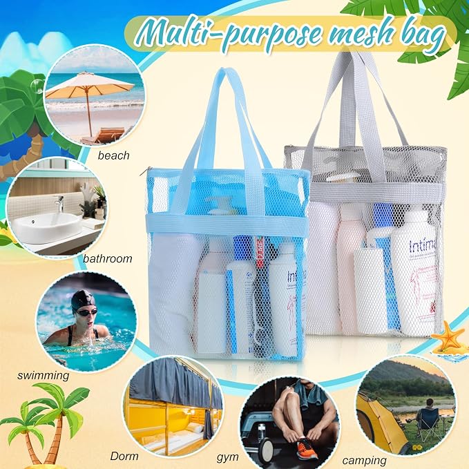 6 Pcs Mesh Beach Bags Bulk Portable Mesh Shower Caddy Bags with Zipper & 2 Pockets Hanging Toiletry and Bath Organizer for Beach Gym Camp Swimming Travel College Dorms (Classic Color) - Image 5