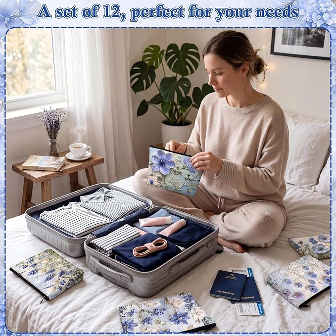 Sweetude 12 Pcs Blue Relief Flowers Makeup Bag Bulk Blue Portable Travel Cosmetic Bag with Zipper Oil Painting Floral Waterproof Roomy Travel Toiletry Organizer Storage Beauty Pouch for Women Gifts - Image 6