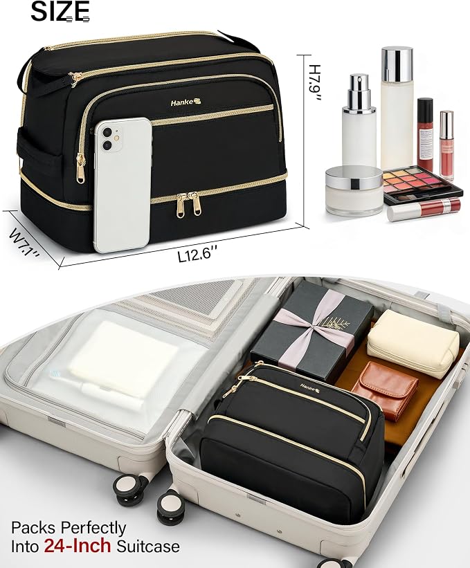 Hanke Travel Toiletry Bag, Lightweight Wide-open Makeup Bag, Dual-Layer Travel Bag for Toiletries Water-Resistant Cosmetic Bags Large Toiletry Bags for Women & Men, Travel Essentials, Black - Image 7