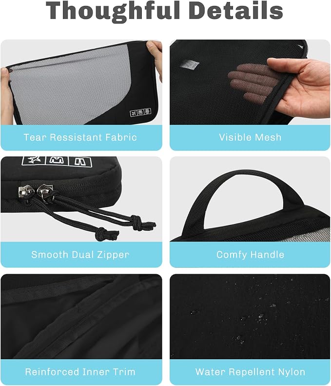 Hynes Eagle 6 Set/ 4 Set/ 2 Set Compression Packing Cubes Travel Essentials Lightweight Nylon Luggage Suitcase Organizer Bag Black 2PCS - Image 7
