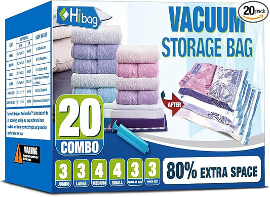 Vacuum Storage Bags, Space Saver Vacuum Seal Storage Bags 20-Pack Sealer Bags for Clothes, Clothing, Bedding, Comforter, Blanket (20C) | Various Size, Airtight Triple Seal, Save 80% Space, Hand Pump, Work with Vacuum, Double Zip, Reusable, Easy to Use by HIBAG