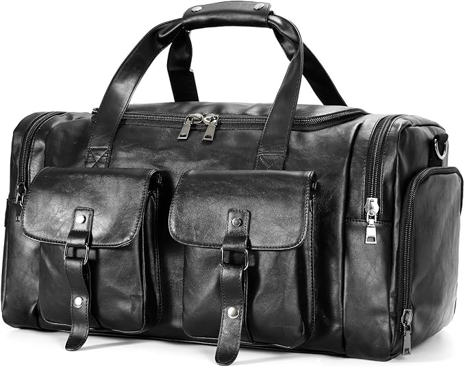 Zeroway Travel Duffel Bag with Shoe Pouch, PU leather Carry on Bag Weekender Overnight Bag for Men Women Black by ZerowayDirect