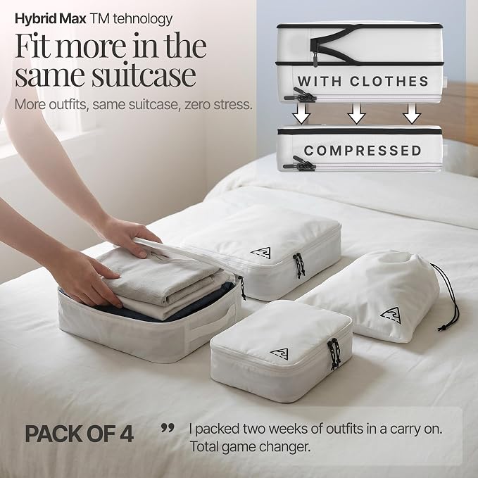 Well Traveled 4 pcs Compression Packing Bags Cubes Set with HybridMax Double-Capacity Design - Packing Cubes for Travel Compression to Maximize Limited Luggage Space, White - Image 2