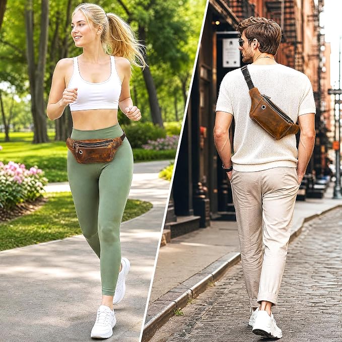 Water Resistant Canvas + Leather Hiking Riding Travel Fanny Waist Pack Small Phone Pouch For Men Women FB811-29 (W-8138-Brown) - Image 8