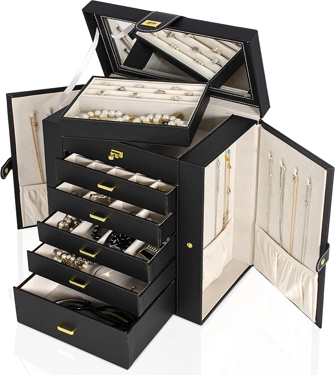 AKOZLIN 6-Tier Jewelry Box Organizer Functional 5 Drawers Leather Jewelry Storage Case for Women Girls Ring Necklace Earring Bracelet Holder Organizer with Mirror Black Large - Image 3
