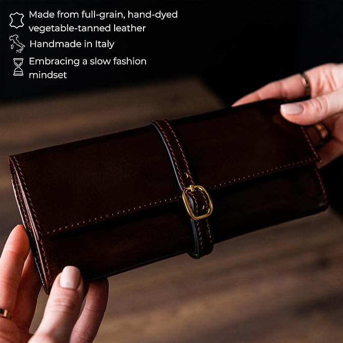 Time Resistance Leather Jewelry Roll - Full Grain Leather Travel Jewelry Case - Jewellery Organizer Made in Italy (Brown) - Image 4