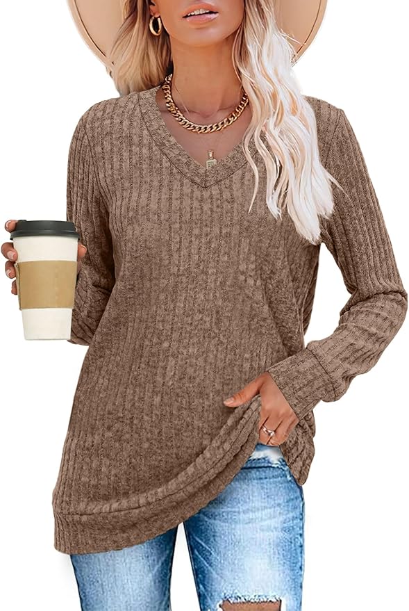 Sampeel V Neck Long Sleeve Shirts for Women Casual Fall Tops Lightweight Tunic Sweaters Fashion Clothes Loose Fit 2025