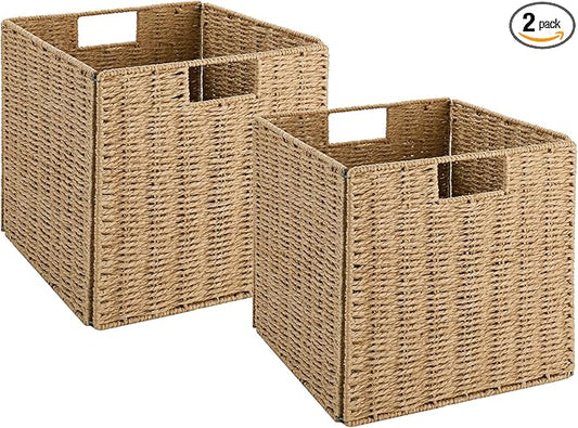 Vagusicc Wicker Storage Basket, Set of 2 Hand-Woven Wicker Basket, 11 inch Storage Baskets for Organizing and Decor, Foldable Cube Storage Organizer Bins Baskets for Shelves, Woven Basket, Natural by Vagusicc
