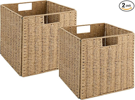 Vagusicc Wicker Storage Basket, Set of 2 Hand-Woven Storage Baskets for Shelves with Handles Foldable Cube Storage Baskets Bins, 9 inch Wicker Baskets for Pantry Bedroom Organizer &Decor, Natural by Vagusicc