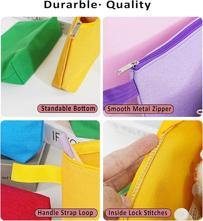 Koolmox 20 Pack 12Oz Blank Makeup Bags with Bottom and Strap, Multi-purpose Large Canvas Zipper Toiletry Storage Pouch, Blank Bag for DIY Crafts (Assorted Color, L, 12.2x7.4x 2.7'') - Image 4
