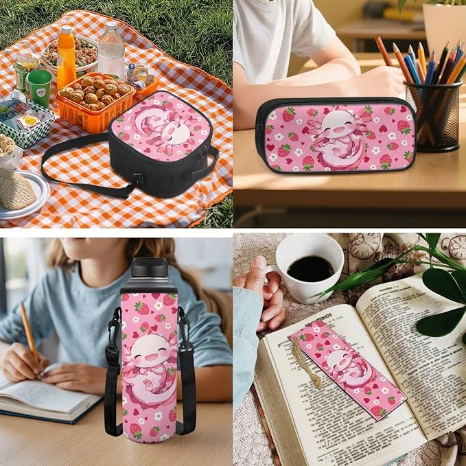 Axolotl Backpack Kids Backpack Set with Lunchbox Pencil Case and Bottle Holder Bookmark Strawberry Bookbag Set of 5 Printed Matching 5Pcs Bookbags Set for Girls Boys - Image 5