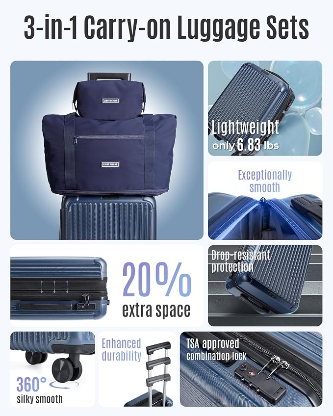 LIGHT FLIGHT 3-Piece Luggage Sets, Expandable Carry On Luggage 22x14x9 Airline Approved, Hardside Carry On Suitcases with Wheels, TSA Lock Travel Luggage Sets, Royal Blue - Image 2