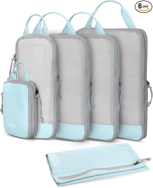 Hynes Eagle 6 Set/ 4 Set/ 2 Set Compression Packing Cubes Travel Essentials Lightweight Nylon Luggage Suitcase Organizer Bag Light Blue 6PCS by HynesEagle