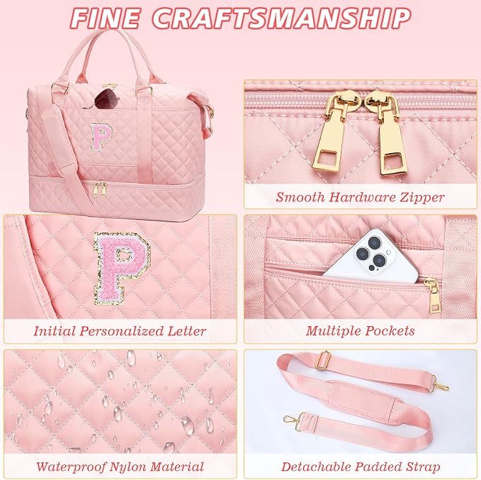 Gifts for Women Teen Girls Birthday Christmas Initial Travel Duffle Bag Quilted Weekender Bags Carry-On Overnight with Cosmetic Bag, Gym Bag with Shoe Compartment, Pink-P - Image 6