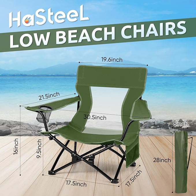 HaSteeL Folding Beach Chair Set of 2, Foldable Green Camping Chairs for Outside, Low Beach Chair Portable for Adults Fishing, Picnic, Outdoor BBQ, Travel, Sports, Cup Holder & Storage Bag - Image 2