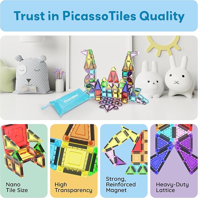 PicassoTiles 65pc Nano Magnetic Tile Travel Size Mini Portable Toy Construction Building Blocks Playset with Storage Bag Pouch STEM Montessori Classroom Magnet Tiles Stacking Toys for Kids Age 3+ PN03
